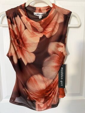 MADDEN GIRL Floral Sleeveless Mock Neck Top - Rust Brown Floral, L, NWT
